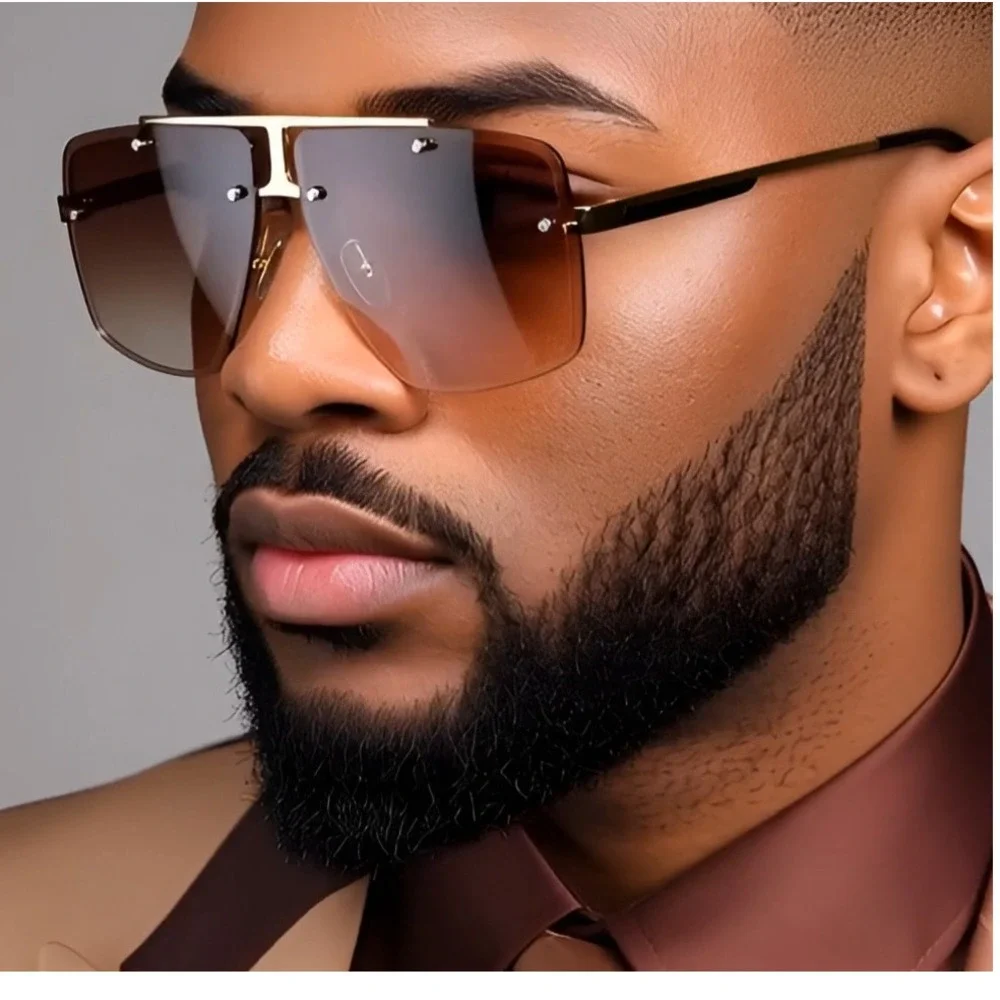 Sunglasses Brown Lens Men's Fashion Rimless Square Gold Accents UV400 Lentes New